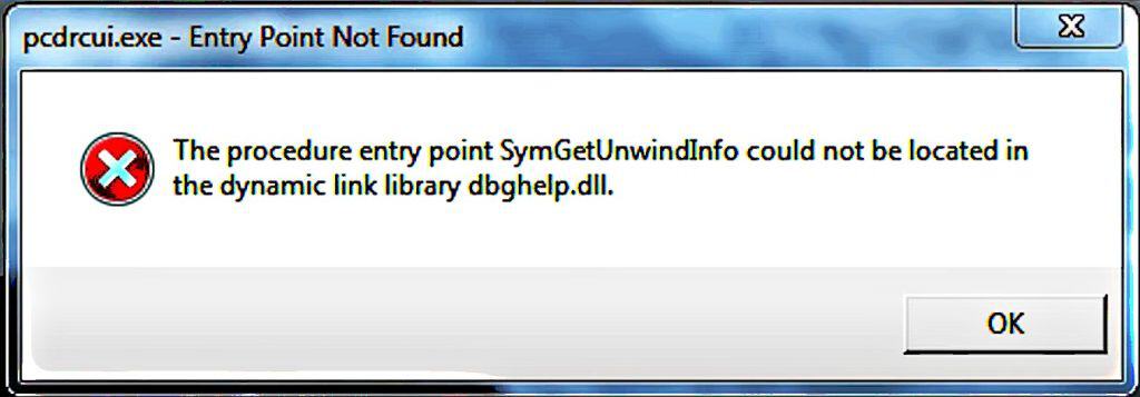 Entry point not found. the procedure entry point SymGetUnwindInfo could not be located in the dynamic link library dbghelp.dll