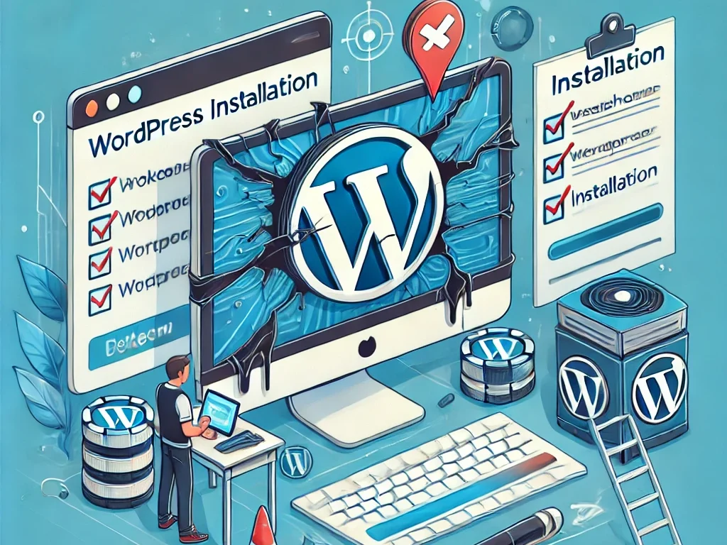 A visually engaging digital illustration depicting the process of reinstalling a corrupted WordPress installation. The image features a cracked computer screen displaying the WordPress logo, checklists labeled "WordPress Installation," a person working on a laptop, and various WordPress-related elements, symbolizing troubleshooting and repair.