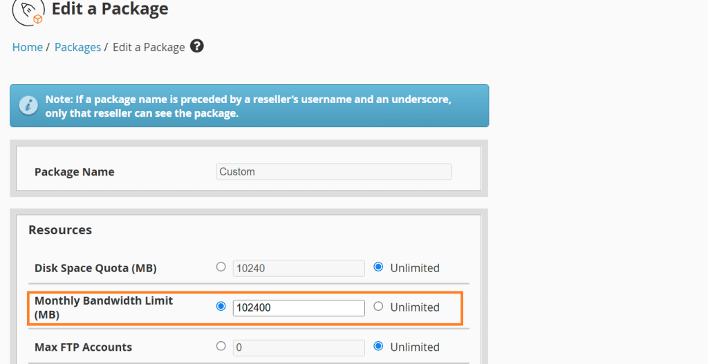 Edit bandwidth quota