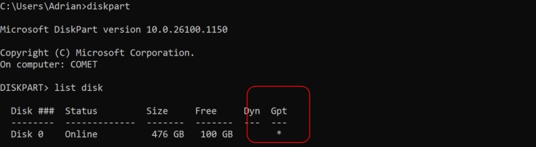 checking partitioning scheme of your windows os whether it is GPT or MBR.